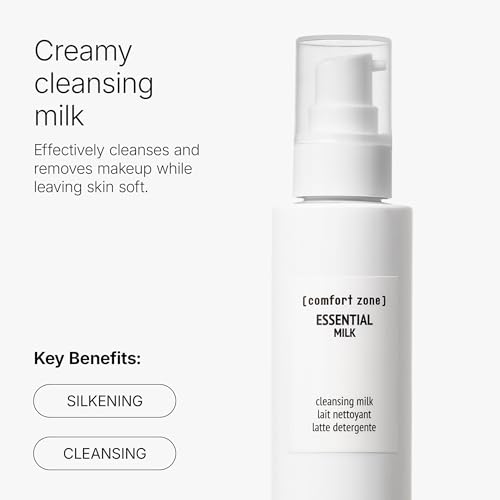 [ comfort zone ] Essential Cleansing Milk, Creamy Silkening Face Wash, Gentle Makeup Remover, Nourishing Daily Cleanser, Dry Skin & All Skin Types, Natural Ingredients, Made in Italy, 6.76 Fl Oz