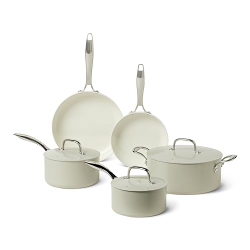 Amazon Basics Linen Gray Ceramic Nonstick Cookware 8-Piece Set - Oven & Dishwasher Safe, Induction Compatible