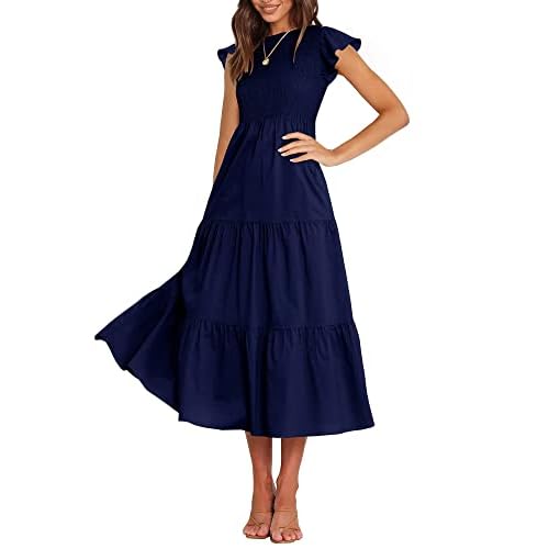 BTFBM Women Casual Short Sleeve Crew Neck Summer Dress Bohemian Floral Printed Flowy Maxi Dresses Tiered Cocktail Dress