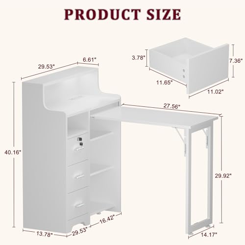 Foldable Nail Desk with Power Outlets & Storage - White