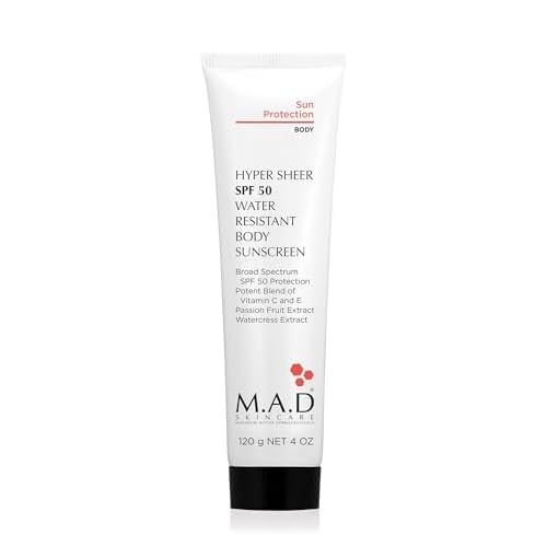 M.A.D Skincare Hyper Sheer Sun Protection SPF 50 Water Resistant Body Sunscreen ? Mineral Zinc Oxide & Antioxidant Complex ? Anti-Aging Detox & Cellular Repair Formula ? Paraben-Free ? 4 oz.