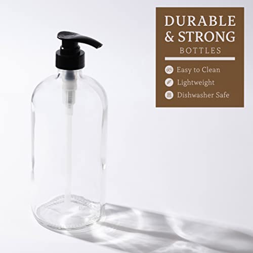 kitchentoolz 32-Ounce Pump Bottles, Large Clear Glass Boston Round Bottles w/Black Pumps. Great for Lotions, Laundry Soap Detergent, Oils, Sauces - Food Safe and Medical Grade (Pack of 2)