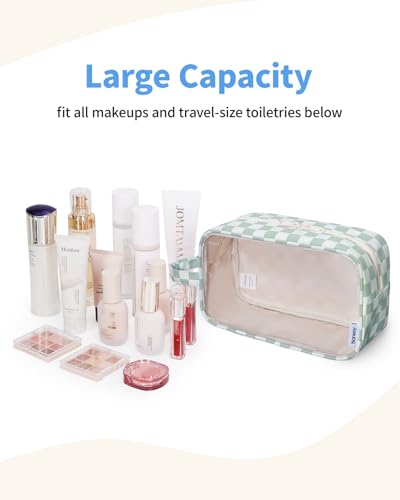 Narwey Clear Toiletry Bag for Women - Green Checkerboard Travel Organizer, Waterproof Cosmetic Storage