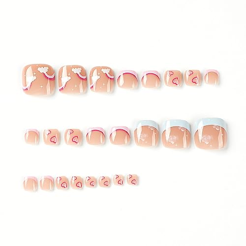 French Tip Press on Toenails Press on Nails Short Square 24PCS Fake Toe Nails with Cloud Rainbow Designs Designs Nude Pink Full Cover Glossy Toe Fake Nails Acrylic Toenails for Women and Girls