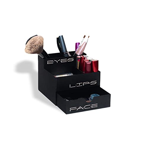 GEGUTON Makeup Organizer Box with Drawer ? Steel, Black and Pink, Stylish Design ? Stores Products and Accessories, Keeps Vanity Organized, Great Gift for Her ? Beauty Collection