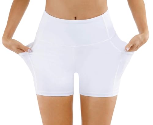 THE GYM PEOPLE High Waist Yoga Shorts for Women Tummy Control Fitness Athletic Workout Running Shorts with Deep Pockets (X-Small, White)