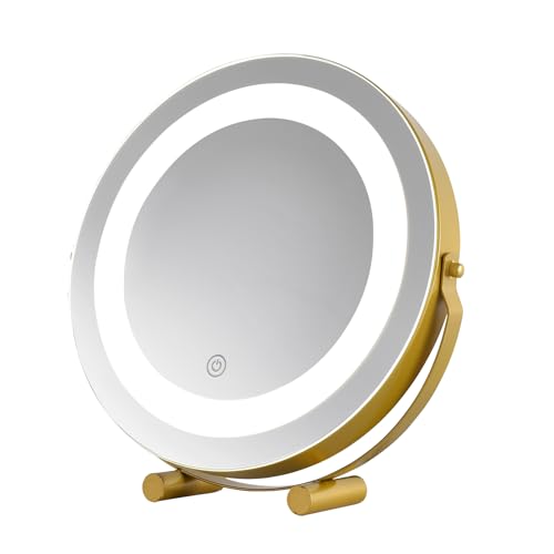 Modern LED Vanity Mirror with Touch Control, Round Gold Metal Frame, Makeup Mirror with Stand for Bathroom, Bedroom, Dressing Table