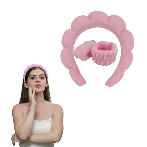 MAPICNNT Spa Headband for Washing Face With Wristband, Cute Makeup Headband, Puffy Spa Headband, Terry Towel Versed Headband, Skincare Headband,Spa Headband and 2 Pcs Wristband Set (Pink)