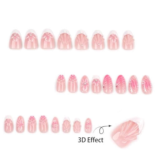 Medium Almond Press On Nails Pink 3D Flower Pearl