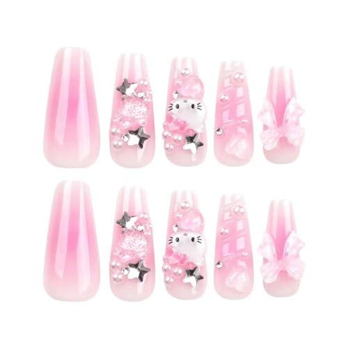 Nail Apparel Y2K Long Coffin Cute Kawaii Press on Nails 3D Glitter Rhinestone Heart Pearl Bow Long Ballet Trapezoid Fake Nails 24Pcs (Extra Long Point Cherry Red White French Pink Heart 3D Bow Pearl)