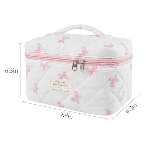 Makeup Bag, Quilted Bow Cosmetic Bag, Large Travel Aesthetic Make up Bag, Cute Coquette Toiletry Bag for Women Girls