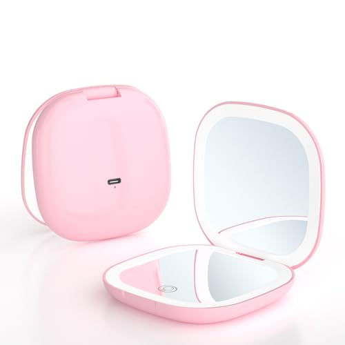 Meichoon Portable Pocket Handheld Mirror LED Lighted Compact 1X/5X Magnifying 2 Sided 3 Colors Dimmable USB Rechargeable Travel Makeup Mirror UK16 Pink