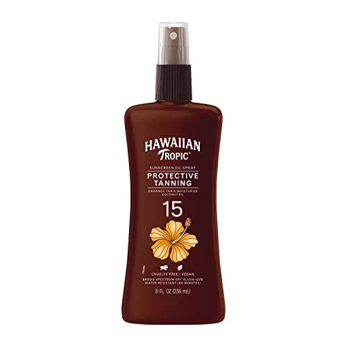 Hawaiian Tropic Protective Tanning Oil Spray Sunscreen SPF 15, 8oz | Tanning Sunscreen, Tanning Oil with SPF, Moisturizing Body Oil, Hawaiian Tropic Oil, Oxybenzone Free Outdoor Tanning Oil, 8oz