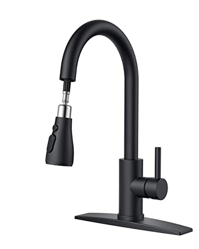 FORIOUS Kitchen Faucet with Pull Down Sprayer, Brushed Black, High Arc Single Handle, Deck Plate, RV Stainless Steel, 1.8 GPF