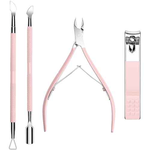 Cuticle Trimmer with Cuticle Pusher and Nail Clipper - 4 PCS Cuticle Cutter Nipper Remover Pedicure Manicure Tools, Professional Stainless Steel Dead Skin Clipper for Fingernails Toenails Pink