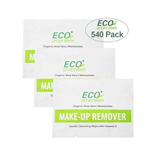 ECO amenities Makeup Remover Wipes Aloe Vera & Vitamin E - 540 Count Individually Wrapped Packets - Unscented Fabric Face Cleansing - Bulk Makeup Wipes for Hotels & Motels