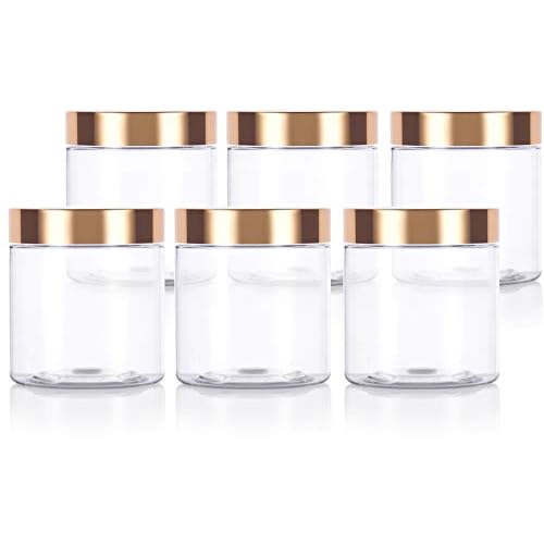 (6 Pack) 8 oz Clear PET Plastic Jar with Luxury Gold Metal Overshell Lid Refillable Storage Airtight