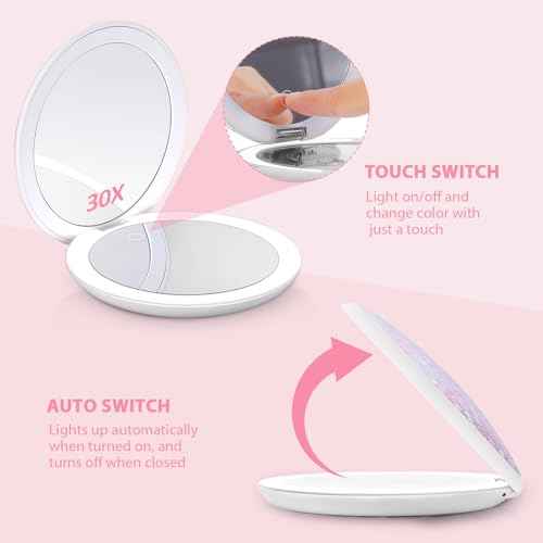 MIYADIVA 30x Magnifying Mirror with Light, LED Travel Mirrors, Makeup Mirror with Magnification,2 Sided USB Rechargeable Touch Screen Vanity Mirrors,4.8 Inch,Pink