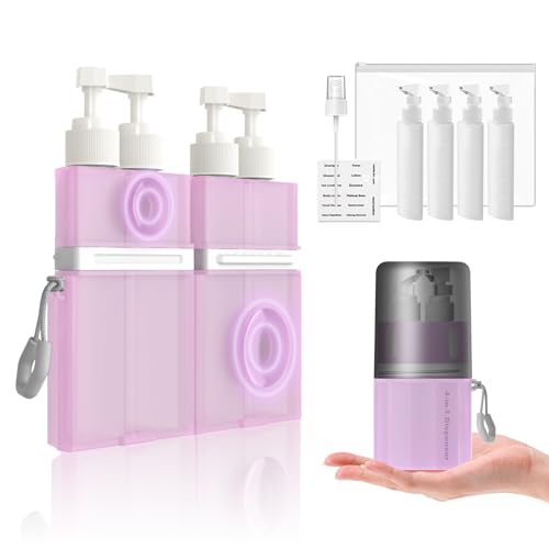 2P 4 in 1 Travel Toiletry Containers,TSA Approved Refillable Travel Size Toiletries Bottles Set with Suction Cup for Smooth Walls - for Shampoo,Conditioner,Body Wash,Lotion. (Pink+Grey)