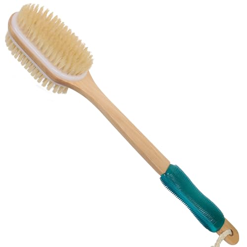 OWIIZI Back Scrubber for Shower with Soft and Stiff Boar Bristles Dual-Sided Wooden Long Handle Antiskid Body Bath Brush for Back Use Wet or Dry,Deep Cleanse Large Surface Back Scrub Brush