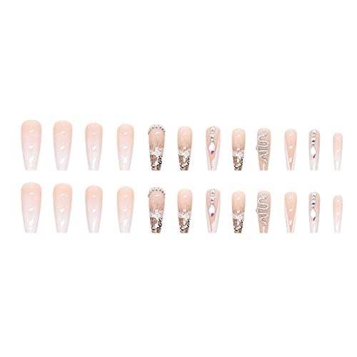 MISUD Coffin Press on Nails Long Ballerina Fake Nails Glossy Glue on Nails White French Tip Artificial Acrylic Nails Luxury 3D Snake Shpae Rhinestone Stick on False Nails 24 pcs