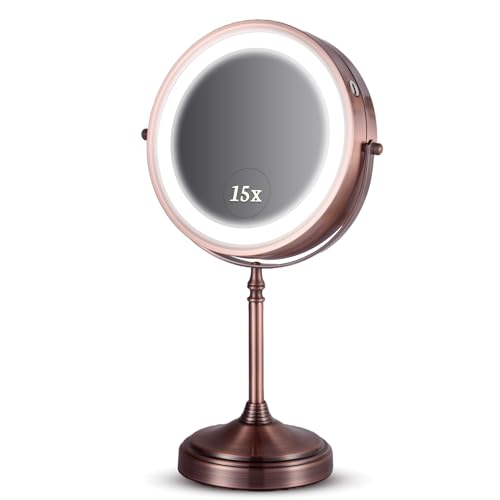 MIRRORVANA Lighted Make Up Mirror with 15X Magnification - 15X & 1X Double Sided LED Makeup Mirror with 3 Lighting Modes, Rechargeable Battery with USB Cable - 8" Wide & 15" Tall (Antique Bronze)