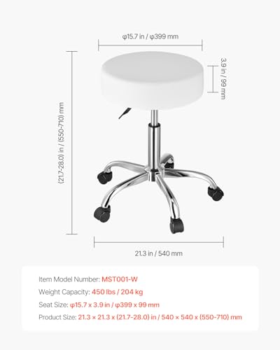 VEVOR White Adjustable Rolling Stool with Wheels 21.3" Diameter, 450 lbs Capacity