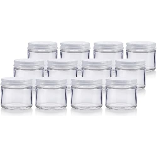 1 oz / 30 ml Clear Thick Glass Straight Sided Jar with White Metal Airtight Lid (12 Pack)