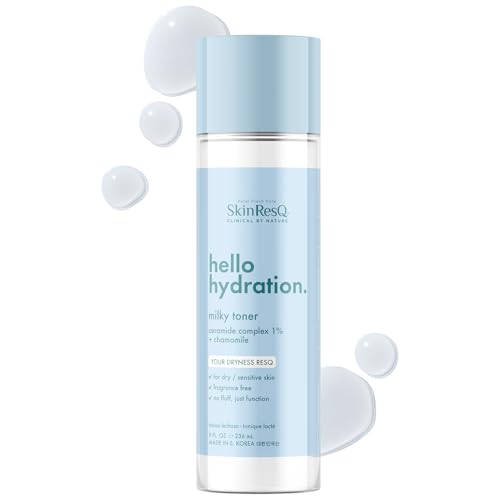 Skin ResQ by Petal Fresh Hello Hydration Milky Toner, Hydrating Facial Toner with 1% Ceramide Complex and Chamomile, Fragrance Free Moisturizing Toner for Dry Sensitive Skin, Made in Korea, 8 oz