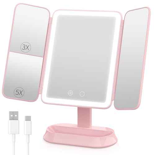 Rechargeable Trifold Makeup Mirror with Lights, 1X/3X/5X Magnification, Cordless 3-Color LED Vanity Mirror for Travel & Desk, Up to 20H Use, Ideal Gift for Women & Teens - Pink