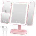 FRANO Pink Rechargeable Trifold Makeup Mirror with Lights, 1X/3X/5X Magnification, Portable Vanity with Dimmable LED for Travel & Desk
