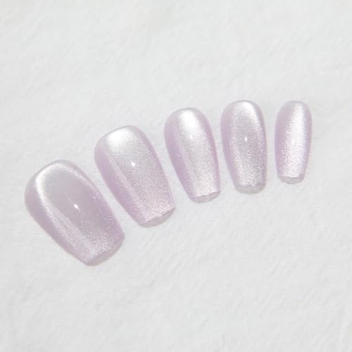 Light Purple Press on Nails Handmade Fake Nails Summer Press on Nails Medium Coffin False Nails with Cat Eye & Velvet Design Acrylic Nails Glitter Press on Nails Stick on Nails for Women Girls