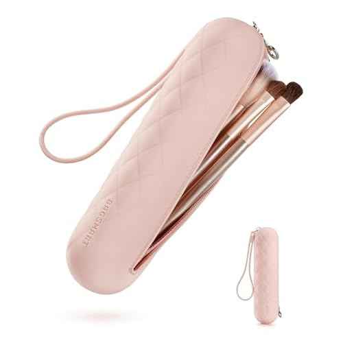 BAGSMART Makeup Brush Holder Bag, Travel Small Makeup Bag for Purse, Make Up Brush Bag Case Cosmetic Bag, Silicone Soft Portable Face Brushes Travel Essentials Organizer Holder, Pink