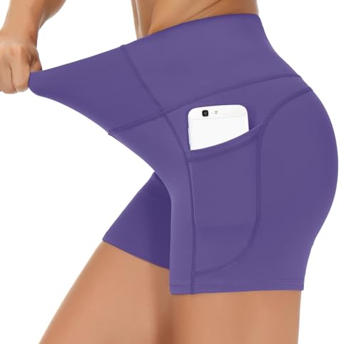 THE GYM PEOPLE High Waist Yoga Shorts for Women's Tummy Control Fitness Athletic Workout Running Shorts with Deep Pockets Bright Purple