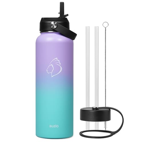 BUZIO 40oz Insulated Water Bottle, Stainless Steel Double Wall Water Flask (Cold for 48 Hrs) Leak Proof Sports Bottles Jug with Straw Lid Flex Cap Metal Canteen for Gym Travel Camping,Purple Green