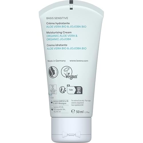 lavera Basis Sensitive Moisturizing Cream ? Organic & Vegan Face Moisturizer with Aloe Vera & Shea Butter - Natural Skin Care for All Skin Types - 1.69 Fl Oz