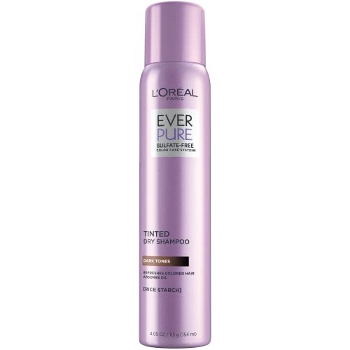 L’Oréal Paris EverPure Sulfate Free Tinted Dry Shampoo for Dark Hair, for Brown and Black Hair, Absorbs Oil, Refreshes Colored Hair, with Rice Starch, Vegan Formula, Paraben and Gluten Free, 4 fl oz