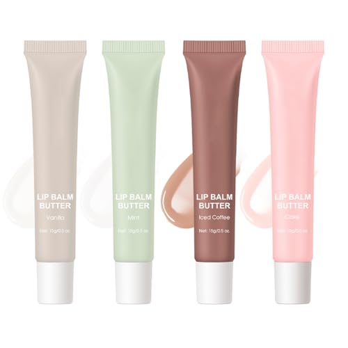 4 Colors Butter Lip Balm Lip Tint Nourishing Lip Gloss, High Shine Nude Color Hydrating Lip Care with Natural Ingredients (4 Flavors, 0.5oz)