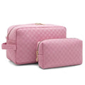 2 Pieces Large Checkered Makeup Bag Cosmetic Bag for Women Travel Toiletry Make Up Brush Bag Pack Organizer Travel Accessories for Women (Pink)
