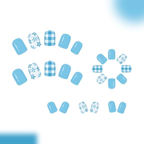 Blue Checkered Press On Nails Short Square 24Pcs