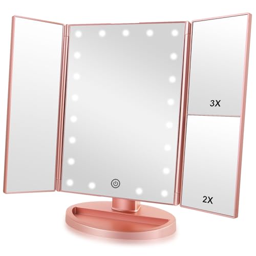 Trifold Makeup Mirror Vanity Mirror with Lights,1X 2X 3X Magnification,Touch Control,Adjustable Rotation,Dual Power Supply,Portable Travel Cosmetic Mirror,Birthday Gifts for Women,Teengirls