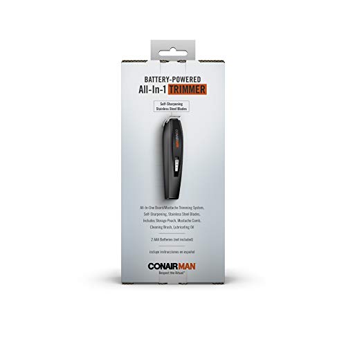 ConairMAN All-in-One Beard Trimmer for Men, Includes Nose and Ear Hair Trimmer, with 5-Position Comb Attachment, 4 piece Men's Grooming Kit, Battery Operated