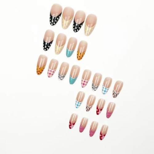 Colorful Almond French Tip Press On Nails - 24 Pcs with Polka Dots