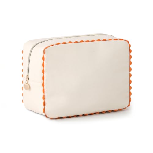 THOVSMOON Canvas Makeup Bag for Women Natural & Orange Rick Rack Trim