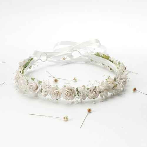 White Flower Girl Crown with Baby's Breath Headpiece Young Girl Communion Floral Hair Wreath Rustic Wedding Hair Accessories Headband for Child(43cm length)
