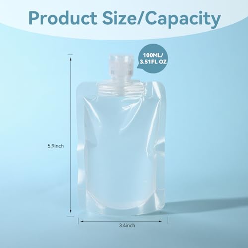 6 Pack 100ml Travel Toiletries Bottles, Clear Refillable Squeeze Pouches