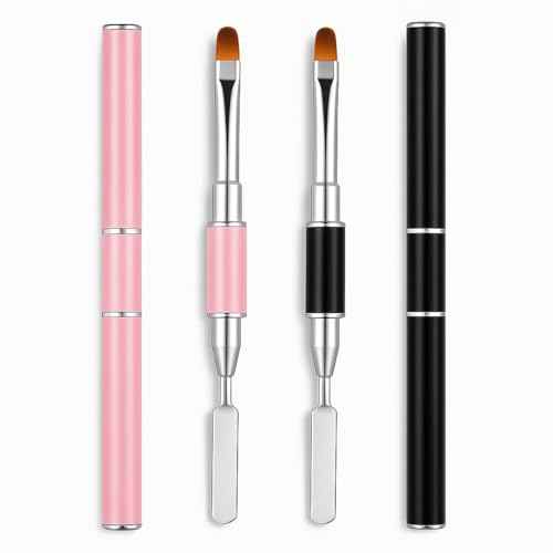 2Pcs Dual-Ended Nail Art Brush and Spatula Set - Pink & Black UV Gel Nail Tools for Poly Extension, Sculpture Gel - Manicure Design Kit for Salon & DIY Use