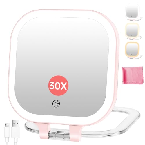 FASCINATE 3.5" Rechargeable Travel Makeup Mirror - 30X Magnification & LED Light