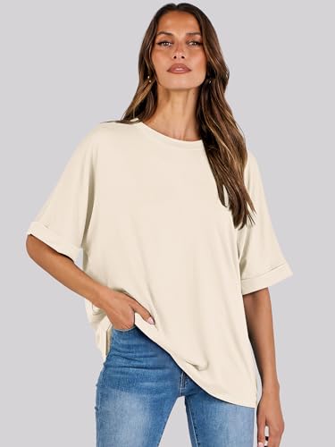 ANRABESS Women's Oversized T Shirts Short Sleeve Crewneck Summer Tops Casual Loose Basic Tee Shirts 2024 Trendy Clothes Apricot Small