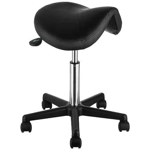 VEVOR Adjustable Saddle Stool with Wheels, 400 lbs Capacity, PU Leather Salon Chair